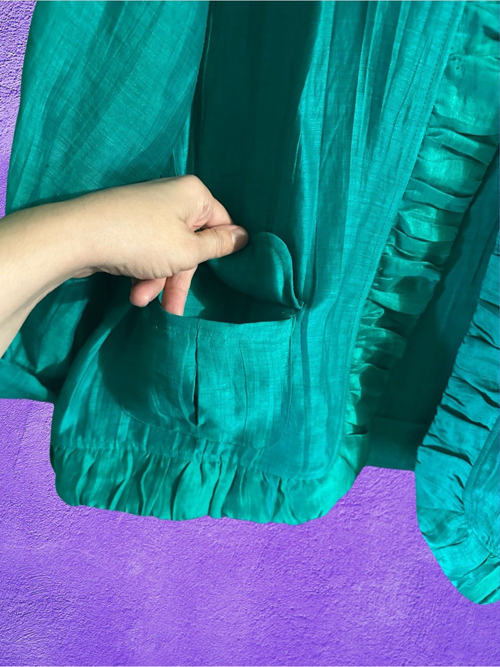 Chico's Emerald Green Ruffled Open Front Jacket - Picture 3 of 6